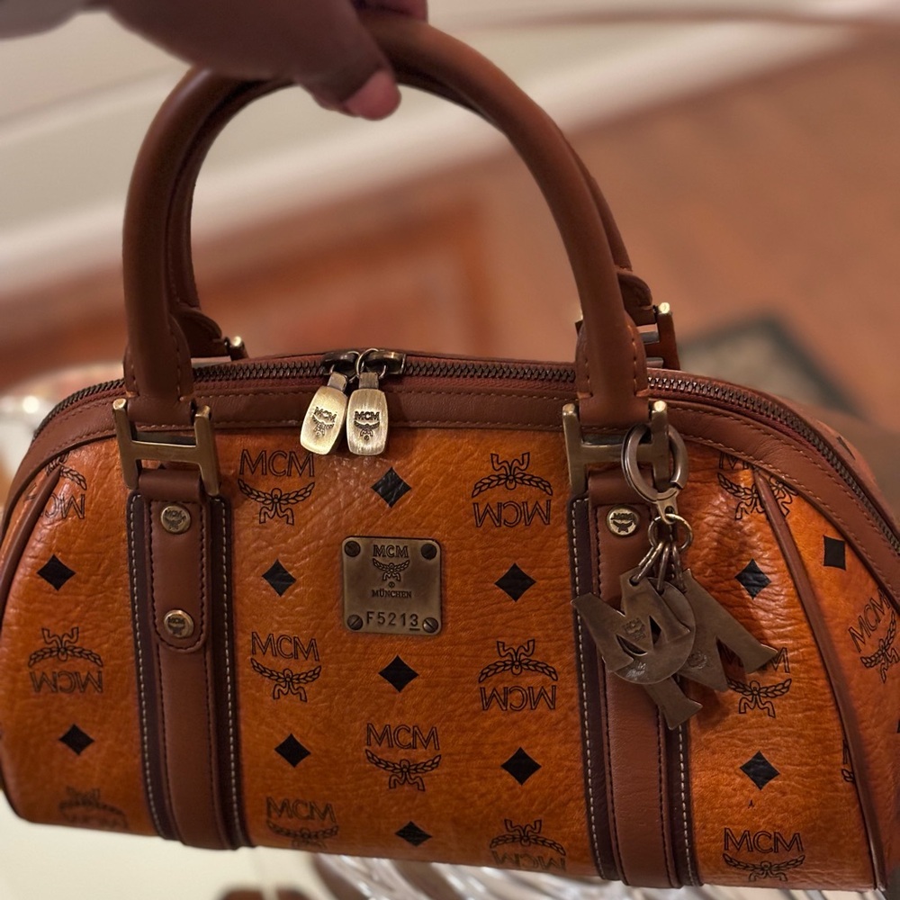 MCM Cognac Visetos Dome Satchel with Gold Hardware